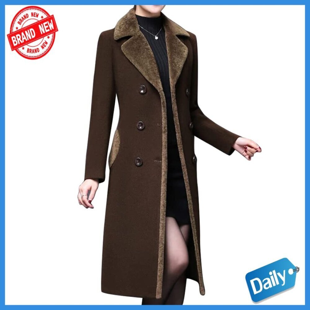 Long Wool Peacoat with Fur Collar, Double Breasted, Slim Fit